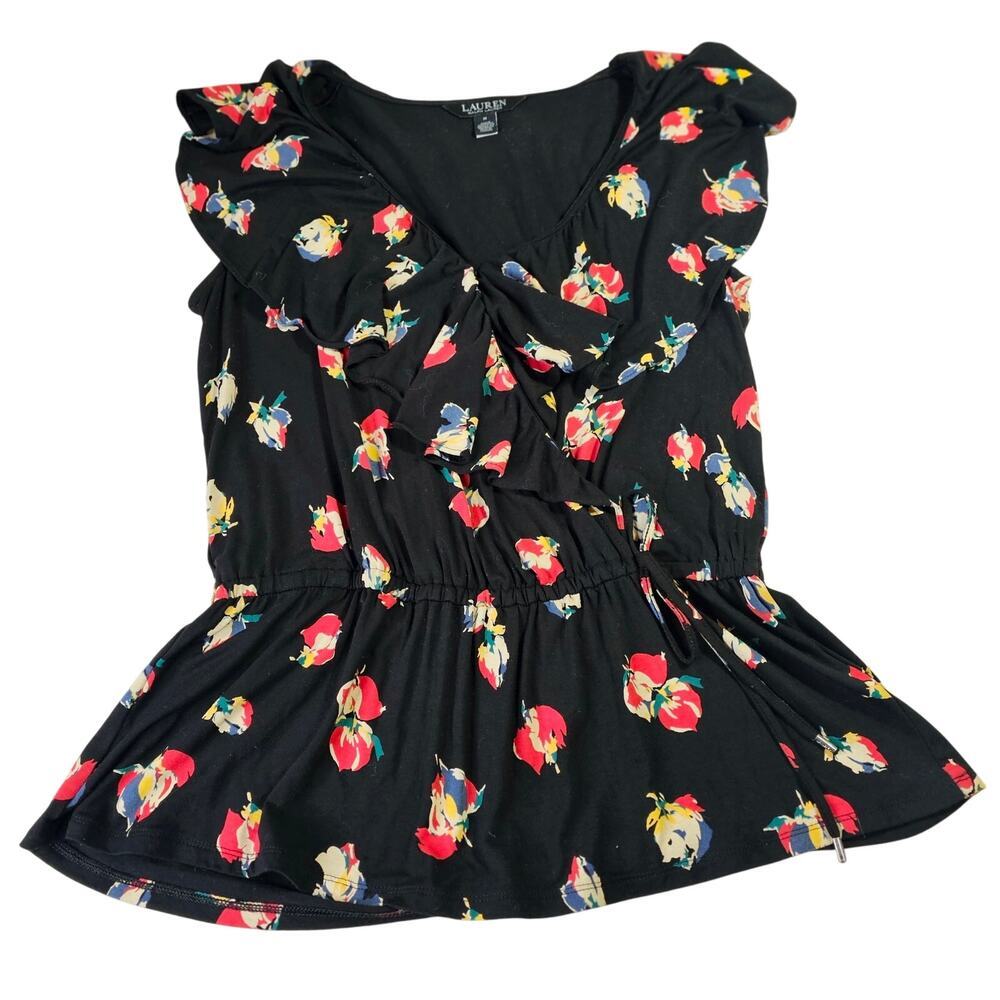 Lauren Ralph Lauren M black label floral ruffle trim elastic waist soft top Boho